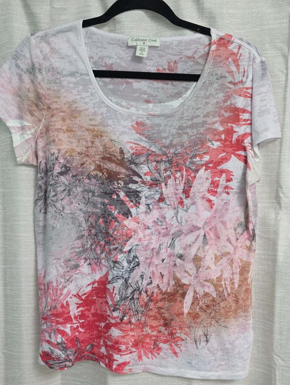 Coldwater Creek Coral, Pink & Brown Floral Short Sleeve Tee